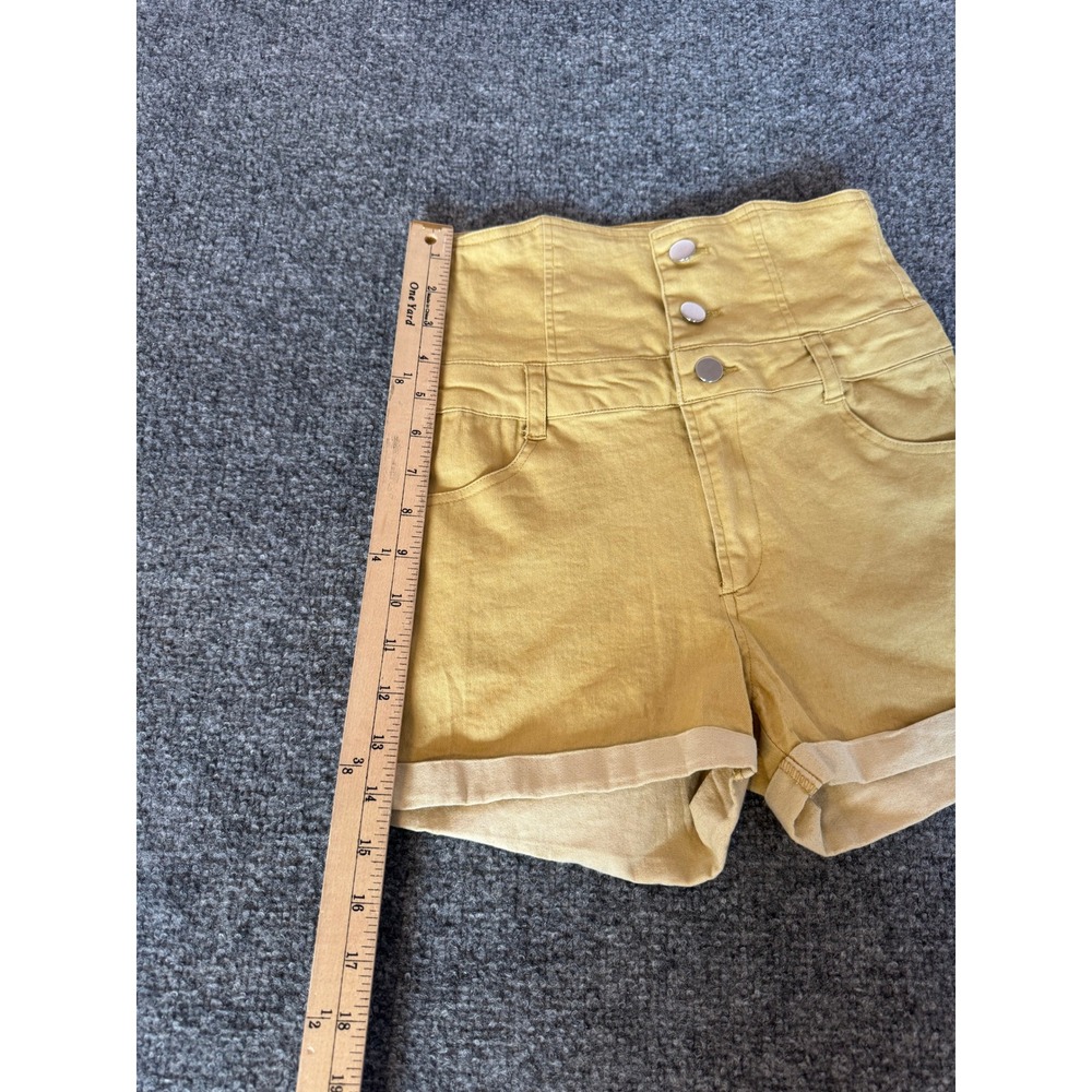 FAVLUX Mustard Yellow High Waisted Triple Button Fly Cuffed Shorts Womens SZ S - Picture 7 of 13
